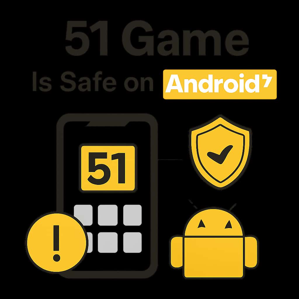 An educational illustration discussing the safety aspects of the 51 Game app on Android.